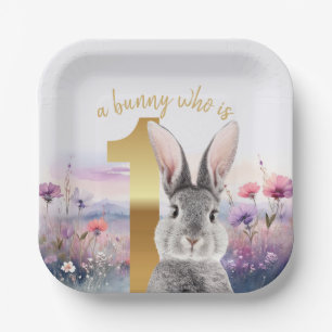 First Birthday Grey Rabbit with Wildflowers Paper Plate