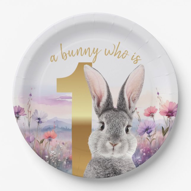 First Birthday Grey Rabbit with Wildflowers Paper Plate (Front)