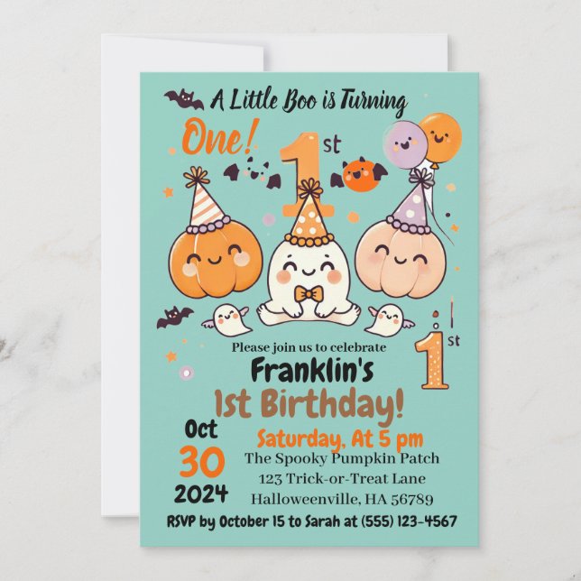 First Birthday Halloween Pumpkin Ghost Party Invitation (Front)