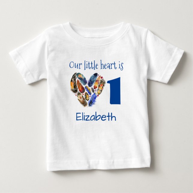 First Birthday Heart Made Of Feathers Personalised Baby T-Shirt (Front)