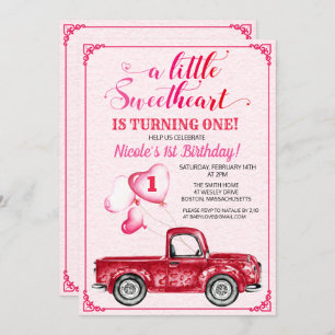 First Birthday Hearts Balloon Red Truck Invitation