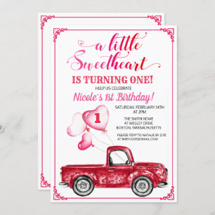 First Birthday Hearts Balloon Red Truck Invitation