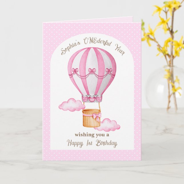 First Birthday Hot Air Balloon Greeting Card (Yellow Flower)