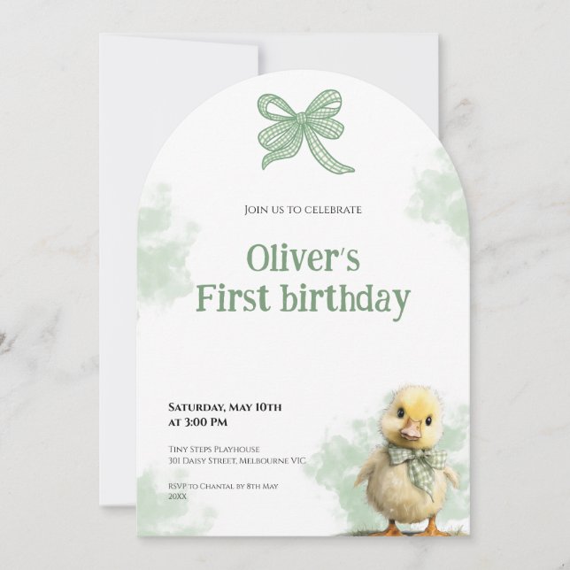 First Birthday Invitation Duck Bow Baby Birthday (Front)