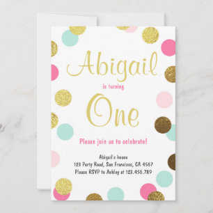 First birthday invitation Girl Pink Gold mint