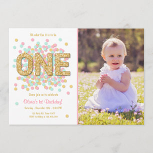 First birthday invitation Girl Pink Gold mint