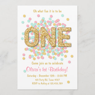 First birthday invitation Girl Pink Gold mint