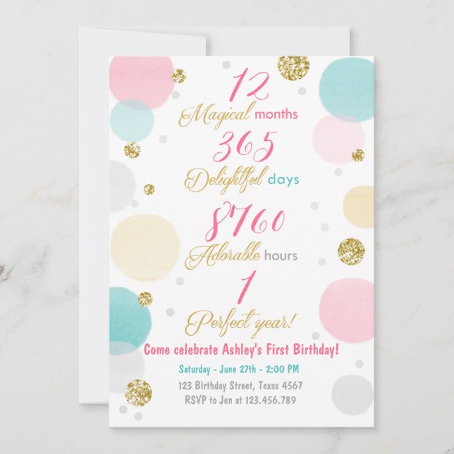 First birthday invitation Girl Pink Gold mint (Front)