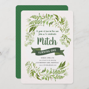 First Birthday Invitation Greenery Banner Nature
