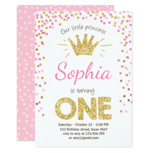 First birthday invitation Princess Gold Pink