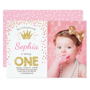First birthday invitation Princess Gold Pink