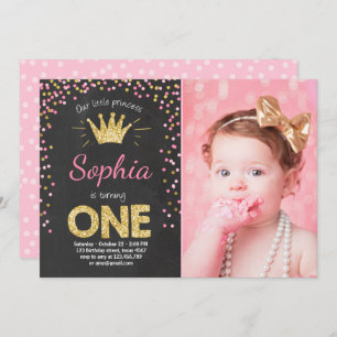 First birthday invitation Princess Gold Pink