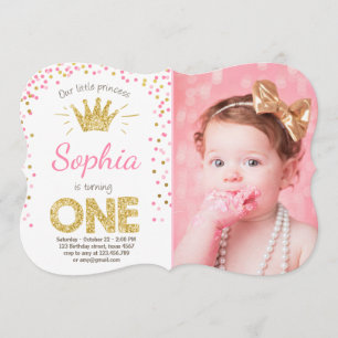 First birthday invitation Princess Gold Pink