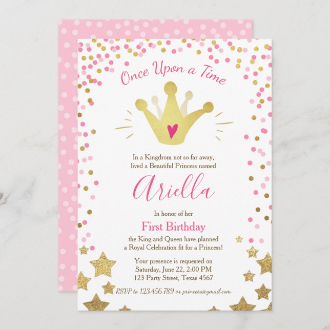 First birthday invitation Princess Gold Pink Crown (Front/Back)