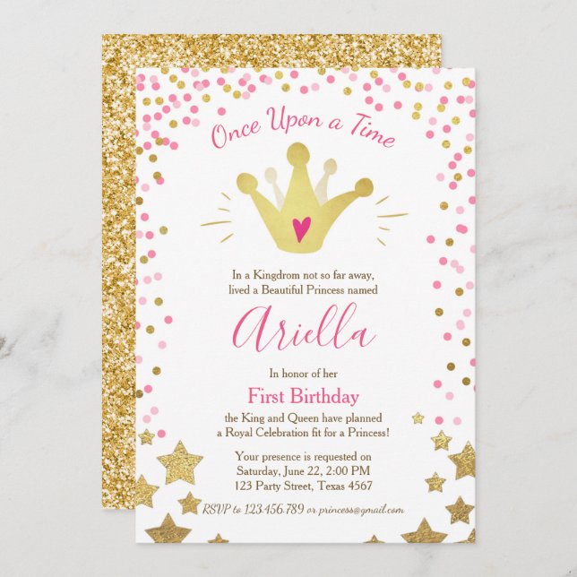 First birthday invitation Princess Gold Pink Crown (Front/Back)