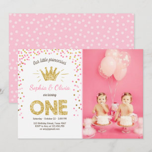 First birthday invitation Princess Gold Pink Twins