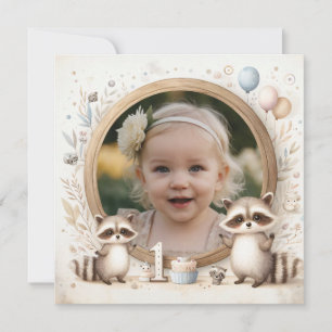 First Birthday Invitation  Racoon Frame for Photo