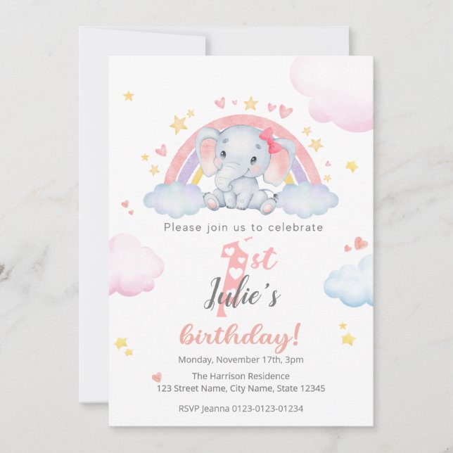 First Birthday Invitations - Elephant w/ Rainbow (Front)