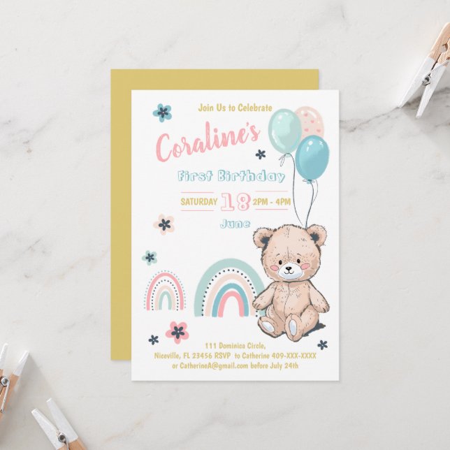 First Birthday invitations with a cute teddy bear. (Front/Back In Situ)