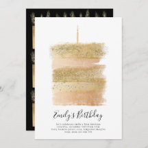 First Birthday Invite Girl, Cake Sparkly Gold 1st