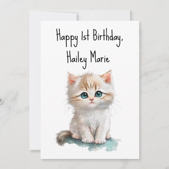 First Birthday Kitten with Blue Eyes Personalised Card (Front)