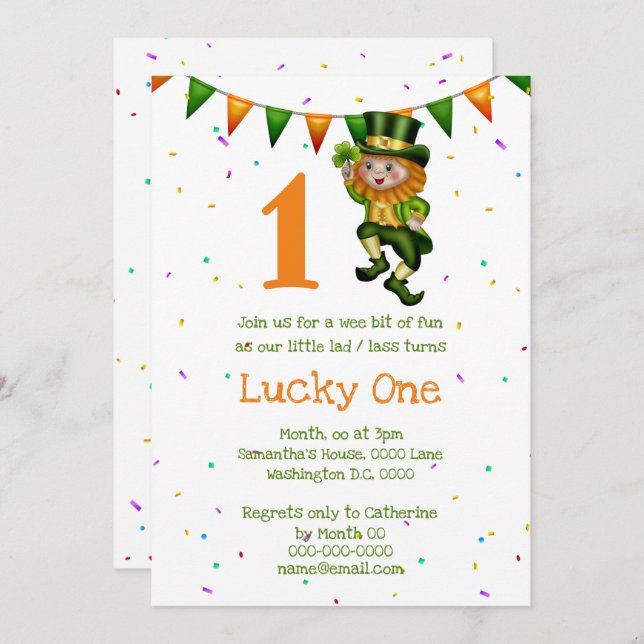 First birthday leprechaun lucky one clover Irish Invitation (Front/Back)
