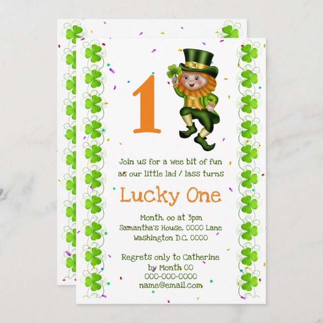 First birthday leprechaun lucky one clover Irish Invitation (Front/Back)
