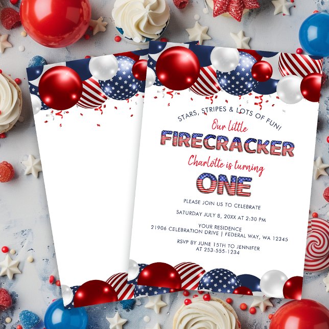 First Birthday Little Firecracker Balloon Party Invitation (First Birthday Little Firecracker Balloon Party Invitation)