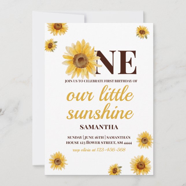 First Birthday Little Sunshine Sunflower Custom In Invitation (Front)