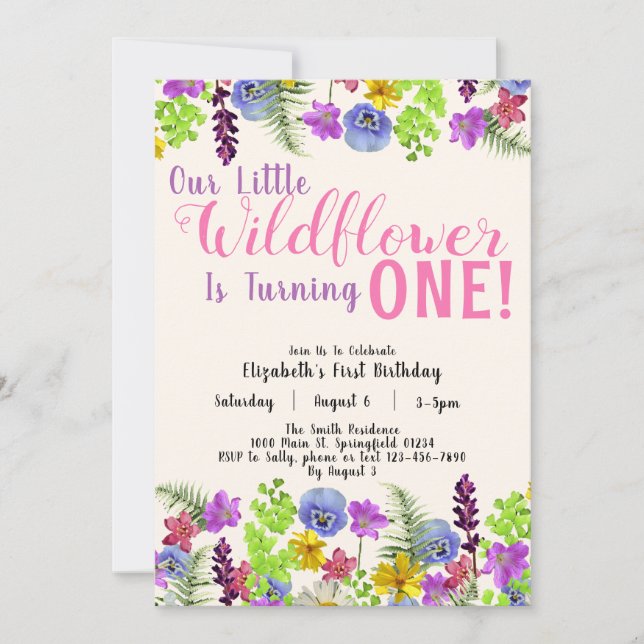 First Birthday Little Wildflower Floral Girl Beige Invitation (Front)