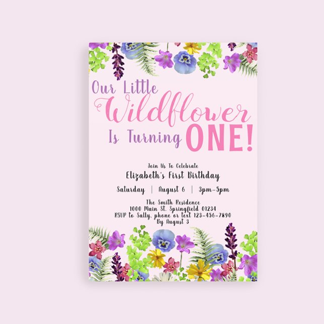 First Birthday Little Wildflower Pink Floral Girl  Invitation (Creator Uploaded)