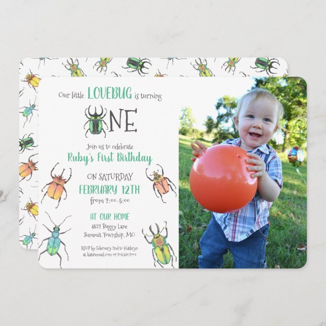 First Birthday Love Bugs Photo Invitation (Front/Back)