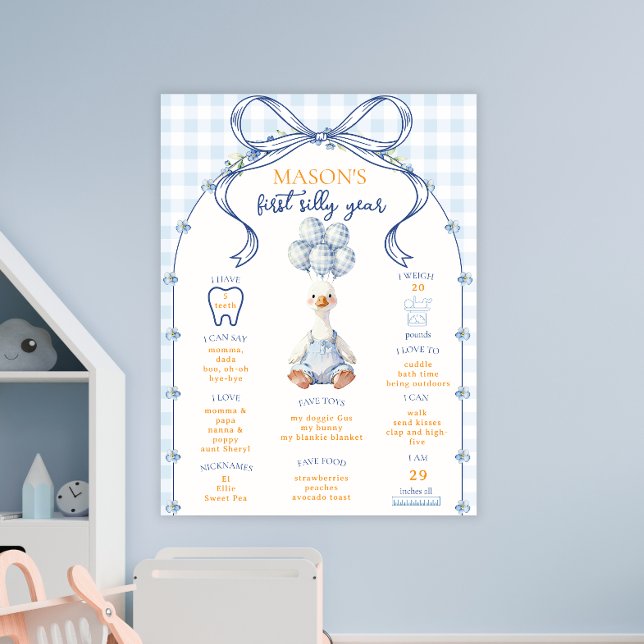 First Birthday Milestones Blue Gingham Goose Boy Poster (Creator Uploaded)