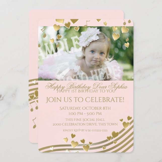 First Birthday Music and Hearts Invitation (Front/Back)