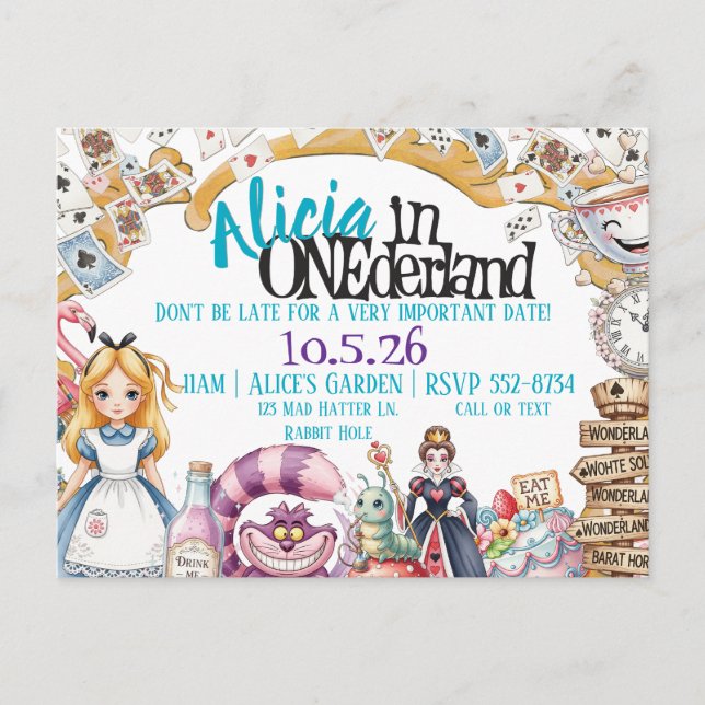 First Birthday ONEderland Wonderland Theme Invite Postcard (Front)