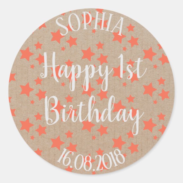 First Birthday Orange Stars Craft Paper Classic Round Sticker (Front)