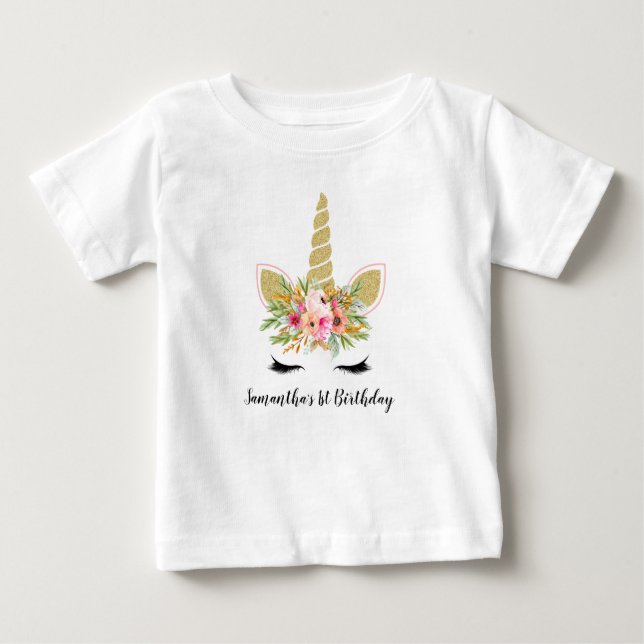 First Birthday Outfit Glitter Unicorn & Bouquet Baby T-Shirt (Front)