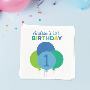 First Birthday Party Blue and Green Balloons Napkin