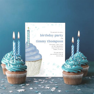 First Birthday Party Blue Cupcake  Invitation