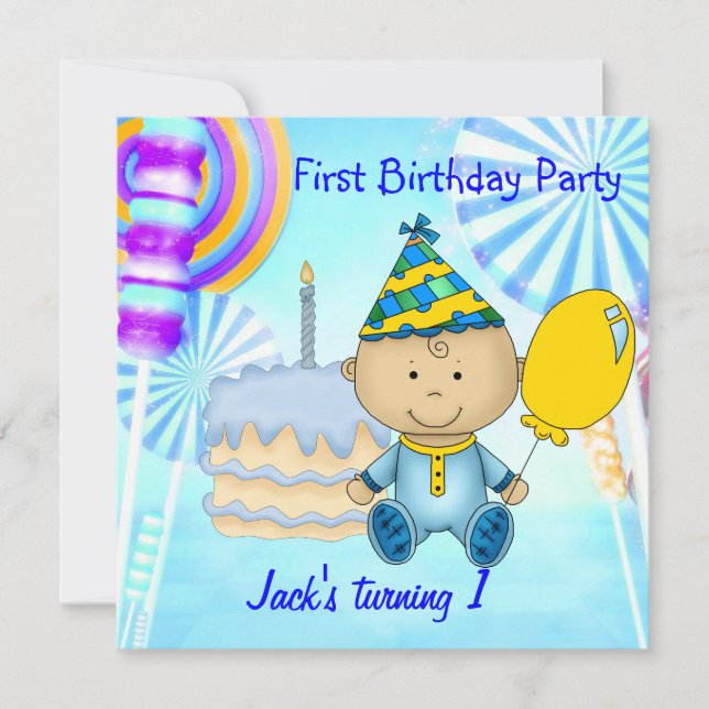 First Birthday Party Child's Boy Blue Cake Invitation (Front)