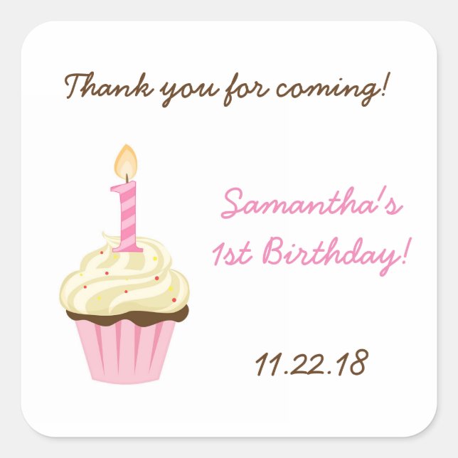 First birthday party favour stickers / pink cupcak (Front)