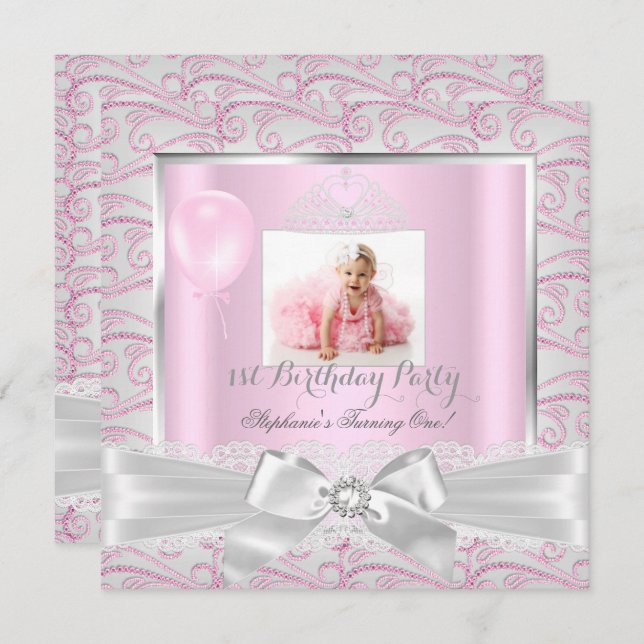 First Birthday Party Girls Pink Diamonds Tiara 2 Invitation (Front/Back)