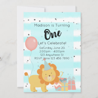 First Birthday Party Invitation - Teal Lion