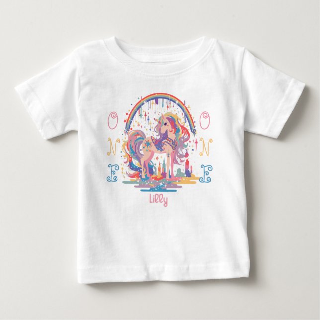 First Birthday Party Magical Unicorn Rainbow Baby T-Shirt (Front)