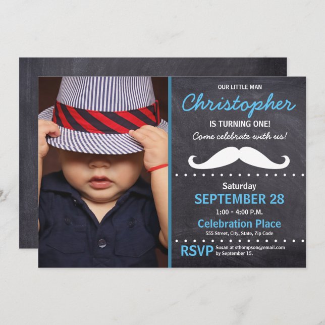 First birthday party, Moustache theme, photo Invitation (Front/Back)