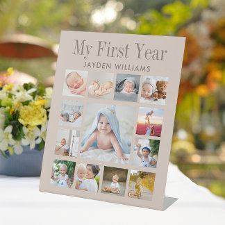 First Birthday Party Neutral Baby Photo Collage Pedestal Sign