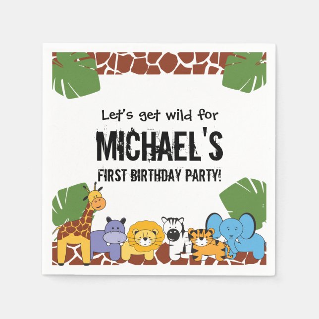 First birthday party personalised Safari Animals Napkin (Front)