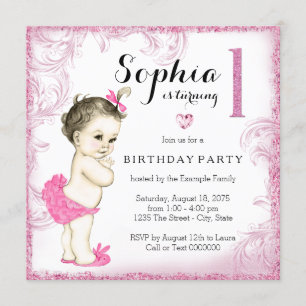 First Birthday Party Pink Glitter Girls Invitation