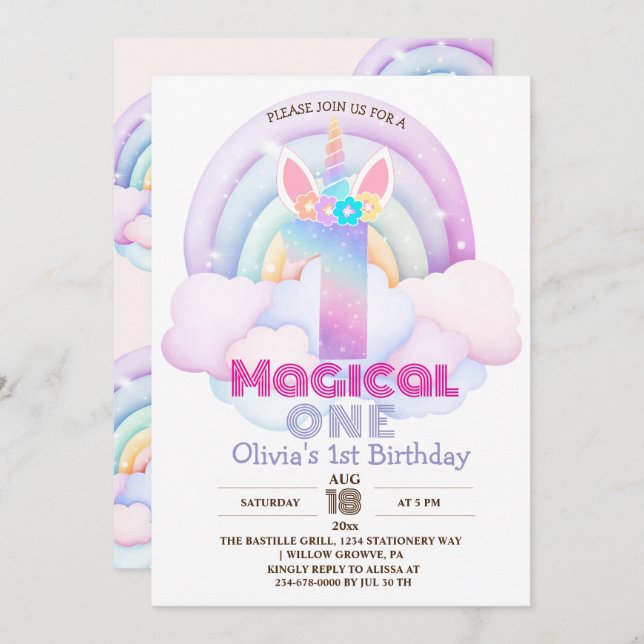 First  Birthday Party Unicorn Rainbow 1st  Invitation (Front/Back)