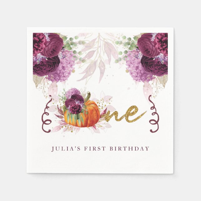 First Birthday Personalised Autumn Pumpkin Napkin (Front)